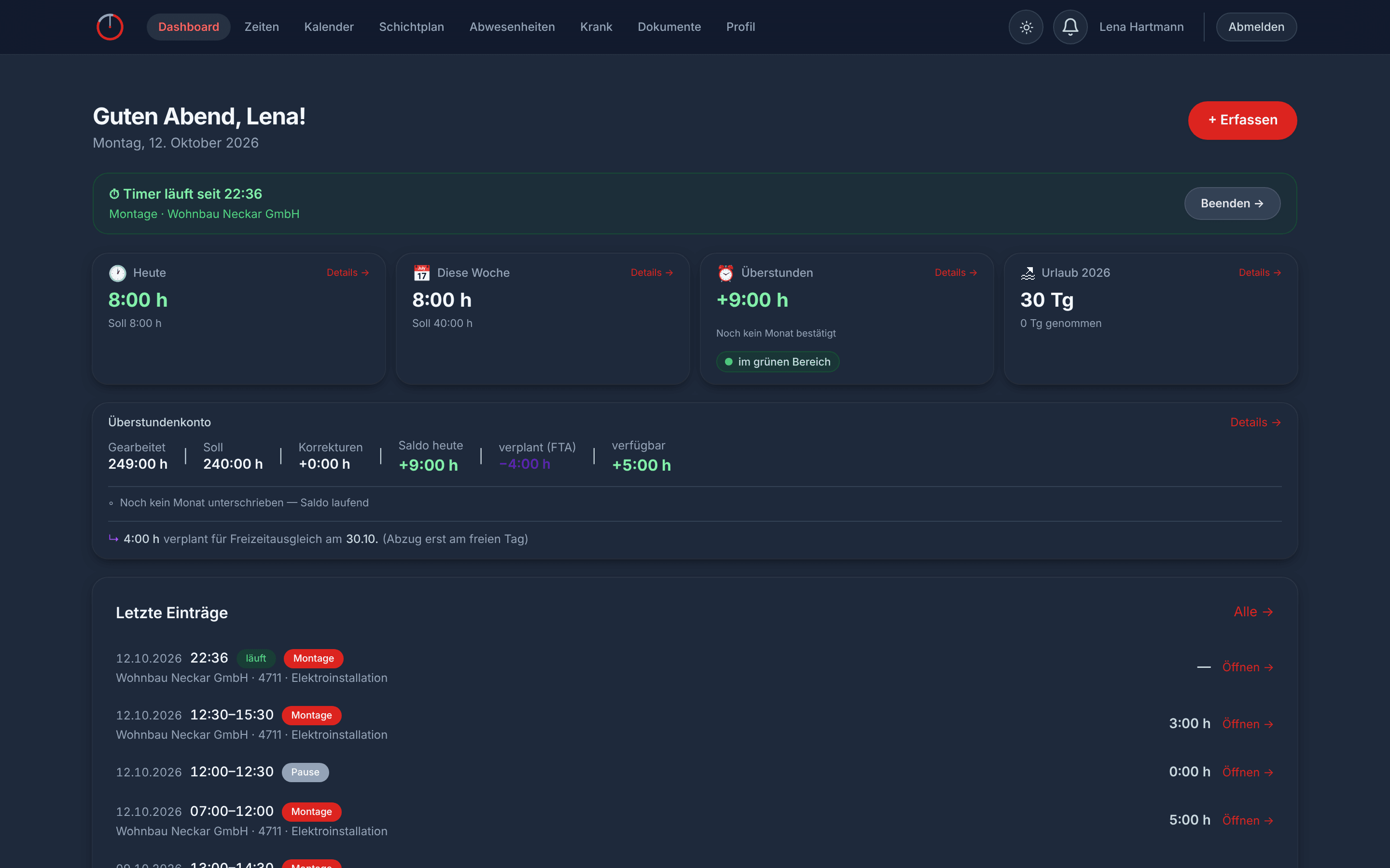 SUSET ZEIT Dashboard: laufender Timer, Wochenstunden, Überstundenkonto mit Saldo, verplant und verfügbar