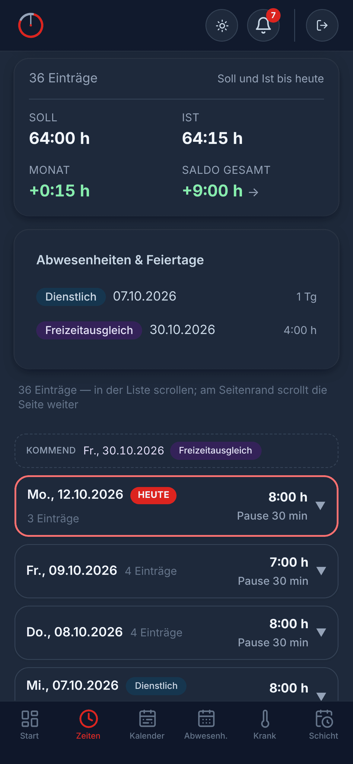 Handy-Ansicht: Meine Zeiten mit Soll, Ist und laufendem Timer