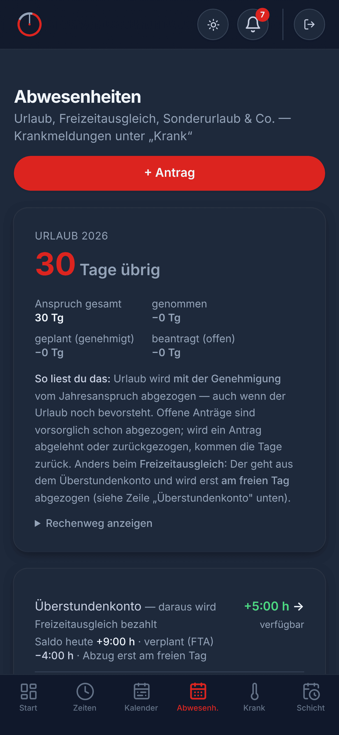 Handy-Ansicht: Abwesenheiten mit Resturlaub und Antrag