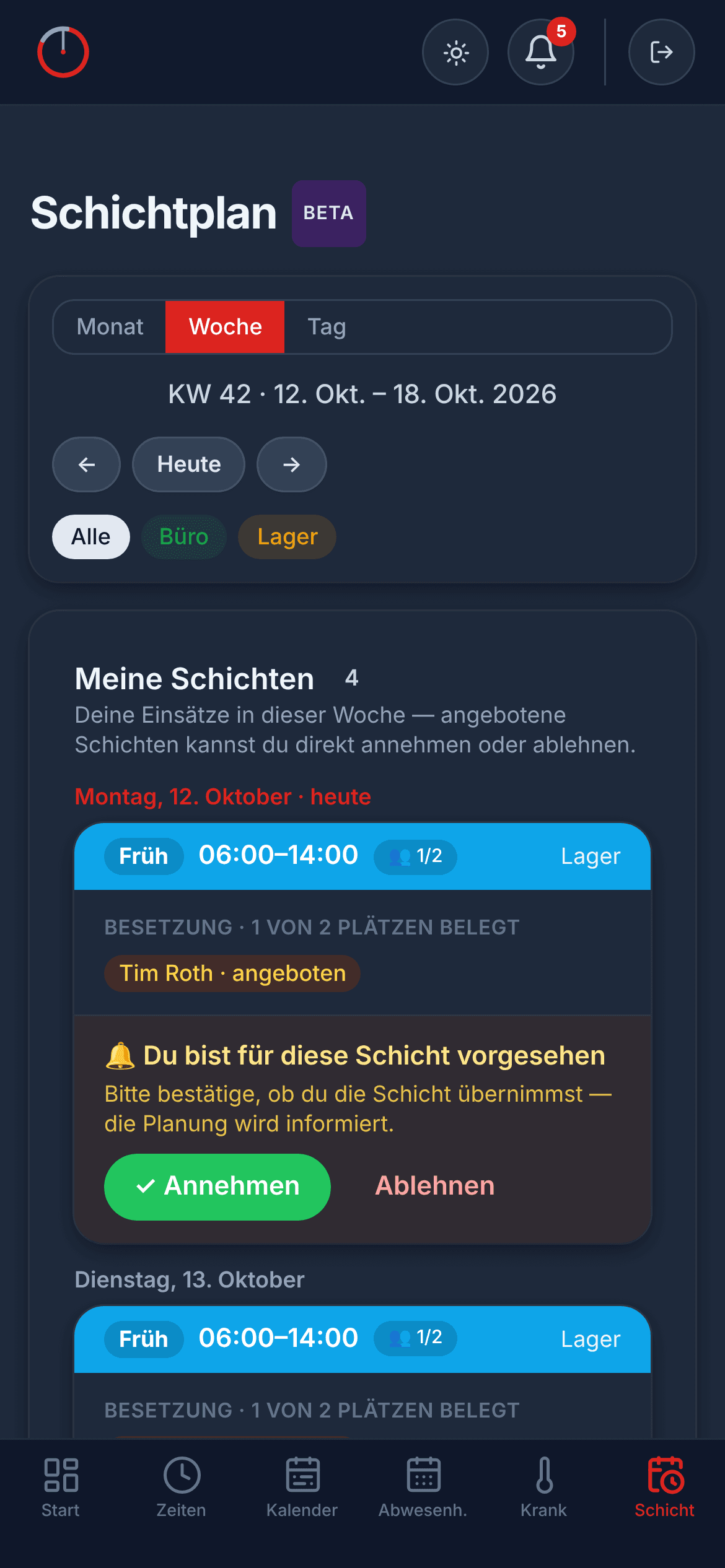 Handy-Ansicht: Meine Schichten mit Annehmen und Ablehnen